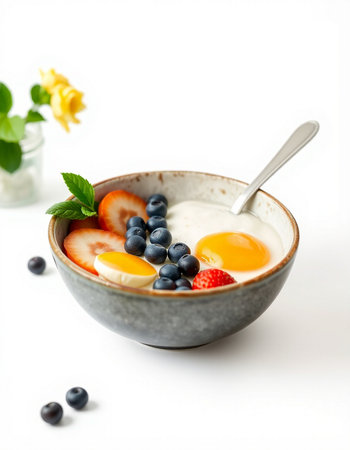 Healthy breakfast with yoghurt, strawberries and blueberries on a white backgroundの写真素材