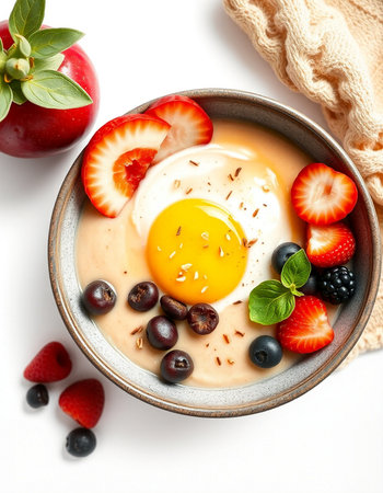 Healthy breakfast bowl with omelette, fresh berries, fruits and cream on white backgroundの写真素材