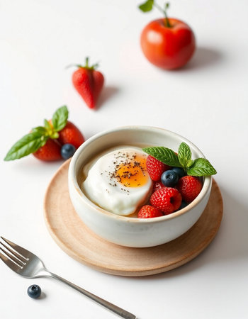 Fried eggs with fresh berries in a bowl on a white backgroundの写真素材