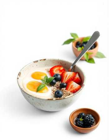 Breakfast with berries and yogurt on white backgroundの写真素材
