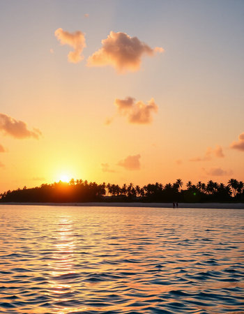 Beautiful sunset on the beach with palm trees and blue sky.の写真素材