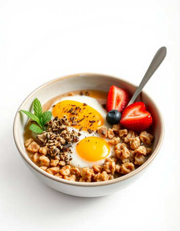 Breakfast with oatmeal, berries and eggs isolated on white backgroundの写真素材