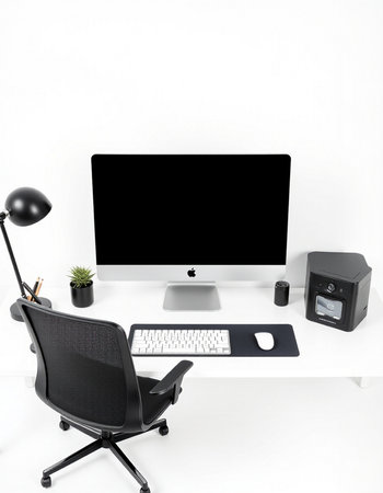 Modern workspace with computer, keyboard and mouse on white background.の写真素材