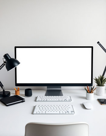 workplace with computer, keyboard, mouse, lamp and stationeryの写真素材
