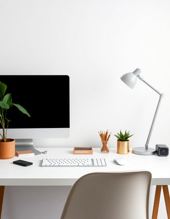 Workplace with computer, lamp and plants. 3d render.の写真素材