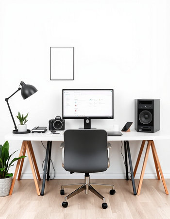 Interior of a modern office with a white wall, a wooden floor, a computer and a black chair. 3d rendering mock upの写真素材