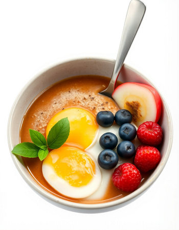 Bowl of omelet with fresh berries and spoon on white backgroundの写真素材