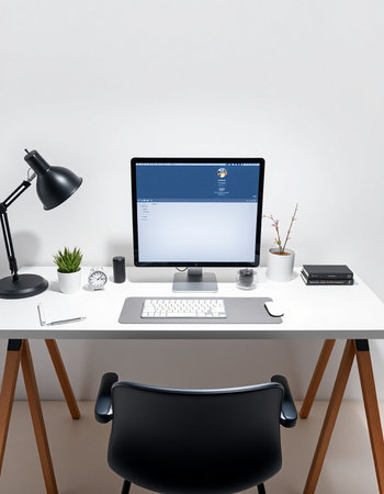 3d rendering of modern workplace with computer, keyboard and mouse.の写真素材