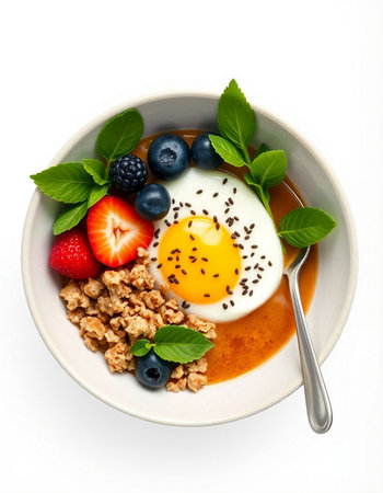 Healthy breakfast bowl with granola, yogurt, egg and berriesの写真素材