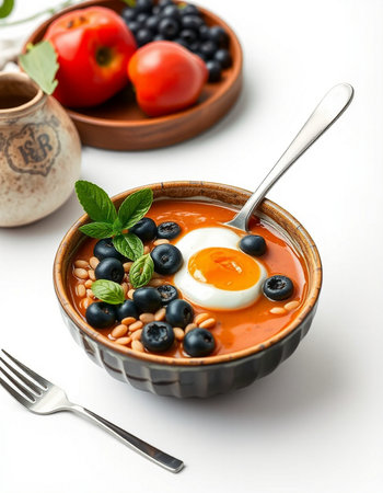 Tomato soup with beans and egg in a bowlの写真素材
