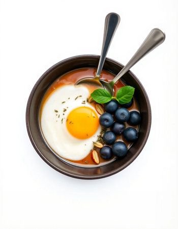 Fried egg with blueberries in a bowl isolated on white backgroundの写真素材