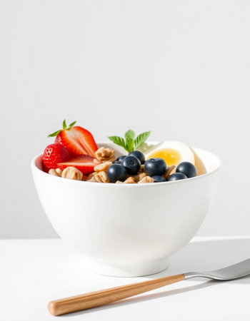 bowl of muesli with strawberries and blueberries on white backgroundの写真素材