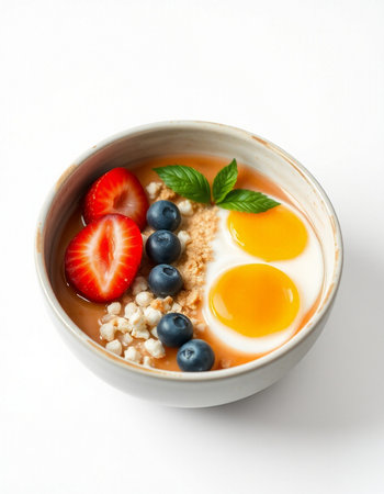 Healthy breakfast - oatmeal with fresh berries and egg yolkの写真素材
