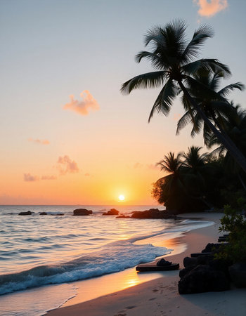 Tropical beach with palm trees at sunset.の写真素材