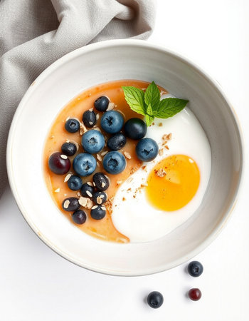 Yogurt with blueberries on white backgroundの写真素材
