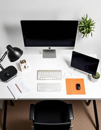 Top view of modern office workplace with computer, supplies, stationery and copy space. Workplace conceptの写真素材