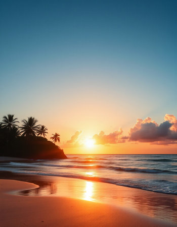 Tropical beach with palm trees at beautiful sunset in Sri Lankaの写真素材