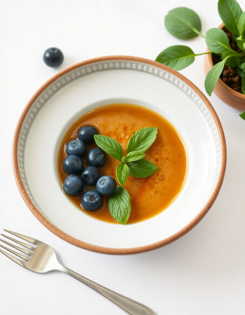 Creme brulee with blueberries in a bowl on a white backgroundの写真素材