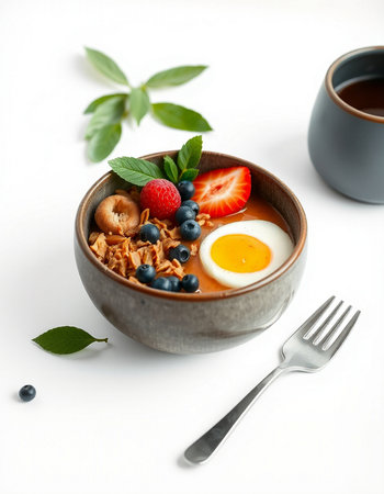 Breakfast bowl with oatmeal, berries and egg on white backgroundの写真素材