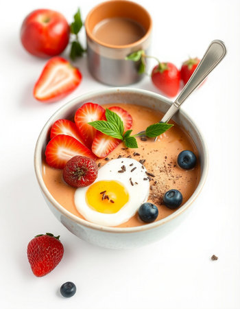 Chocolate smoothie bowl with strawberries, blueberries and an eggの写真素材
