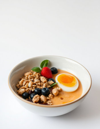 Healthy breakfast with muesli, yogurt and fresh berries on white backgroundの写真素材