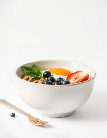 Healthy breakfast bowl with oatmeal, blueberries and strawberries on white backgroundの写真素材
