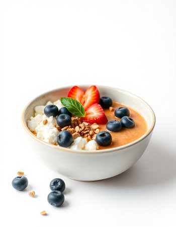 Cottage cheese porridge with fresh berries and granola on white backgroundの写真素材