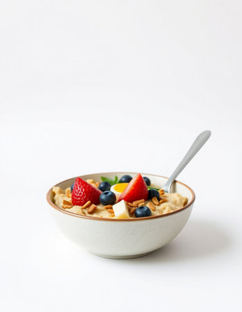 Bowl of oatmeal with fresh berries on white backgroundの写真素材