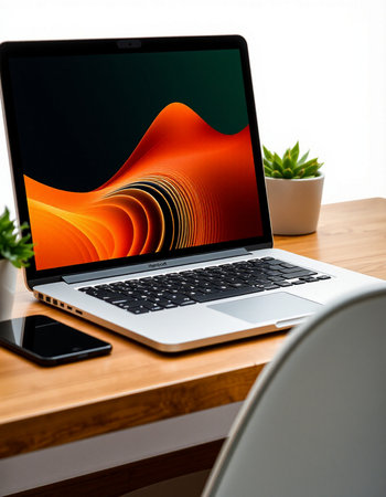 Laptop on wood table and white background. 3d rendering.の写真素材