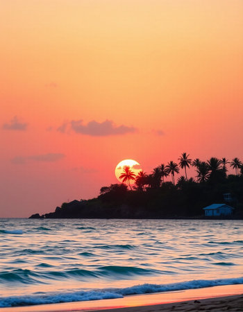 Beautiful tropical beach and sea with coconut palm tree at sunset time - Holiday Vacation conceptの写真素材