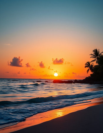 Beautiful tropical beach and sea with coconut palm tree at sunset time - Vintage Filterの写真素材