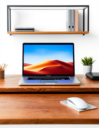 Close up of modern designer desktop with laptop and other items. 3D Renderingの写真素材