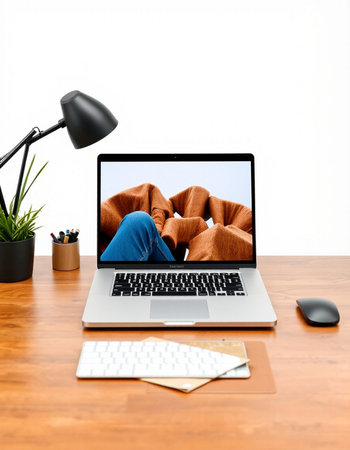 Workplace with laptop, keyboard and mouse on wooden desk isolated on whiteの写真素材