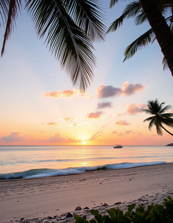 Beautiful tropical beach and sea with coconut palm tree at sunset time - Holiday Vacation conceptの写真素材