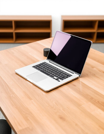 Laptop with blank screen on a wooden table in a modern officeの写真素材