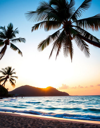 Beautiful tropical beach and sea with coconut palm tree at sunset time - Vintage Filterの写真素材