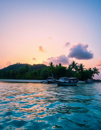 Beautiful tropical beach and sea with coconut palm tree at sunset timeの写真素材