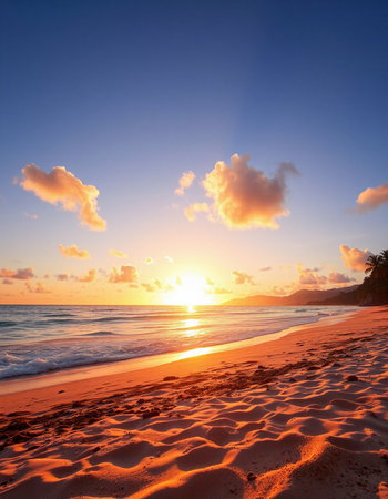 Beautiful sunset on the beach in Seychelles, Maheの写真素材