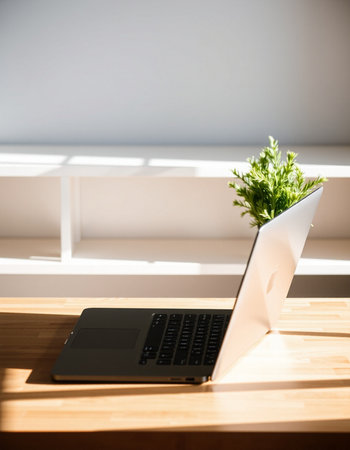 Laptop on a wooden desk in a modern office with a plantの写真素材