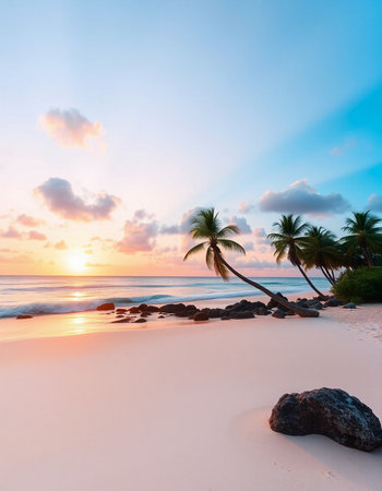 Palm tree on the beach at sunset, Seychellesの写真素材