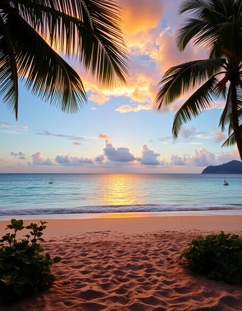 Tropical beach at beautiful sunset, Seychelles.の写真素材