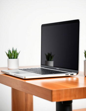 Laptop on wooden table in modern room. Workplace concept.の写真素材