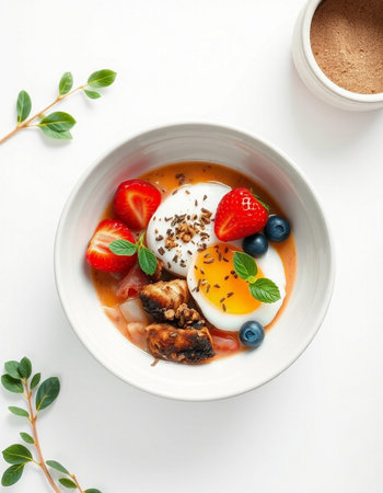 Healthy breakfast with yogurt, strawberries, blueberries and coconut flakes on white background, top viewの写真素材