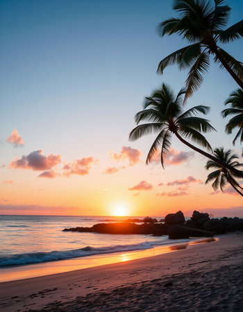 Beautiful tropical beach and sea with coconut palm tree at sunset time - Holiday Vacation conceptの写真素材