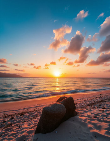 Beautiful sunset on the beach. Seascape with a stone.の写真素材