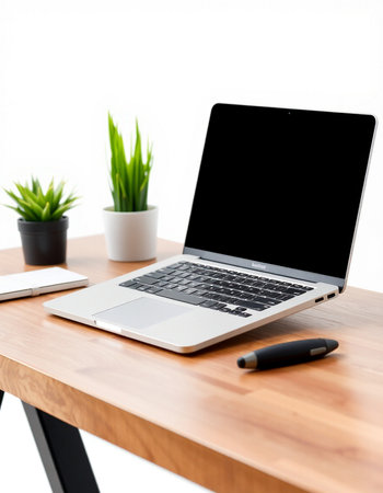 Laptop computer on wood table with white wall background, stock photoの写真素材