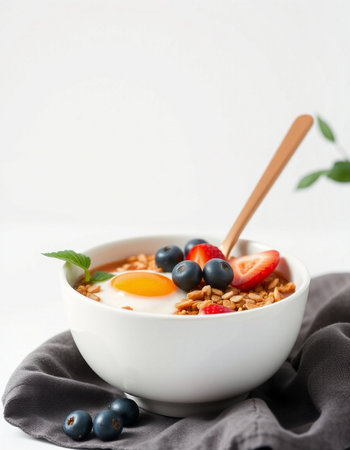 Muesli with fresh berries and egg in bowl on white backgroundの写真素材