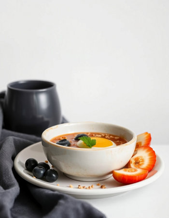 Tasty oatmeal porridge with berries and mint on white tableの写真素材