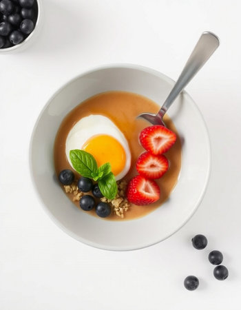 Yogurt with strawberries, blueberries and an egg in a bowl on a white backgroundの写真素材