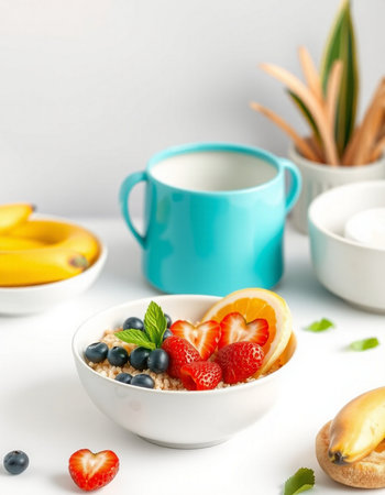 Healthy breakfast with oatmeal, berries and milk on white backgroundの写真素材